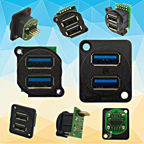 Dual USB 2.0 and USB 3.0 XLR format connectors from Cliff Electronics