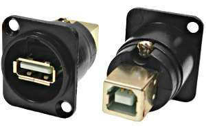 USB 2.0 B female to USB 2.0 A female feedthrough socket, gender change - black metal